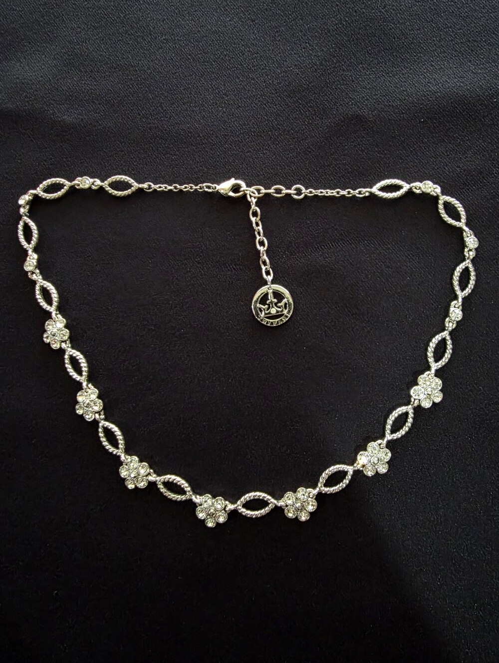 Trifari Crystal Flower Link Choker Necklace in Silver Tone